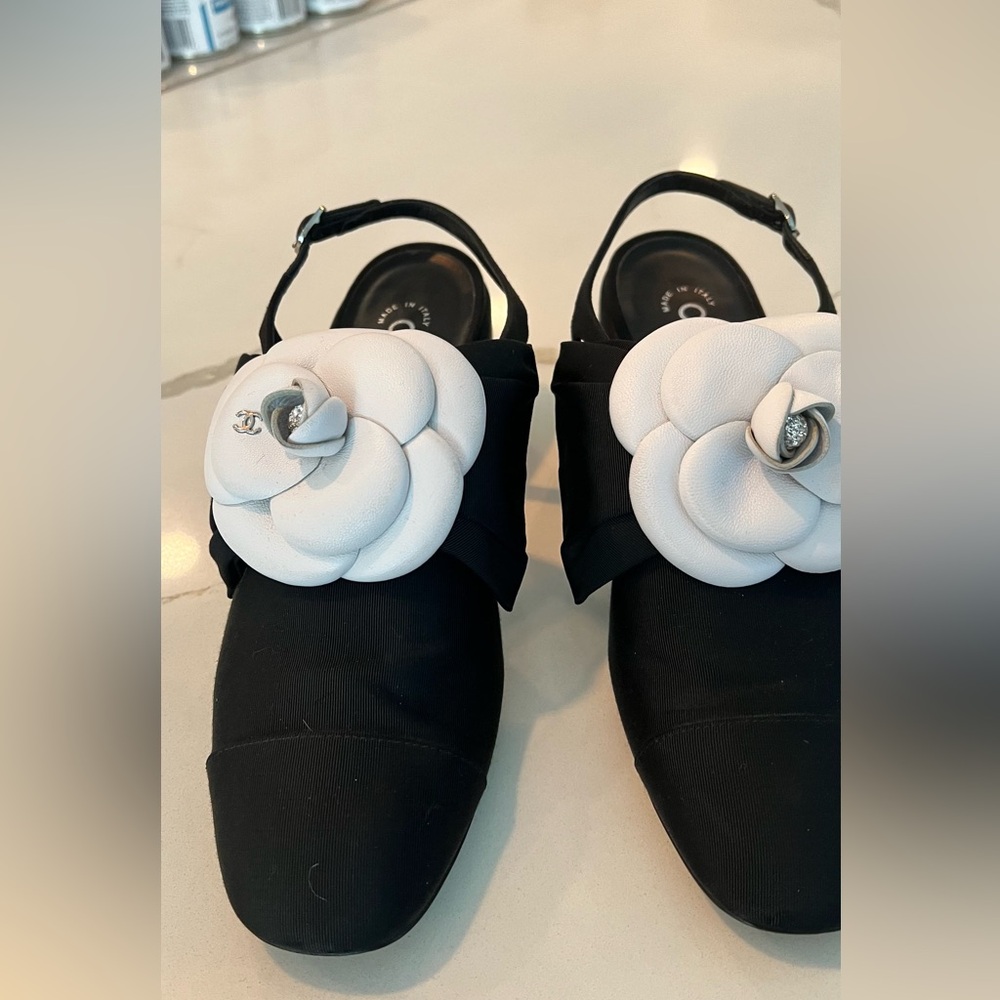 Chanel grosgrain slingbacks with leather camellia and jeweled center